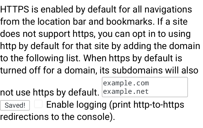 Figure: Adding exceptions for HTTP-only sites